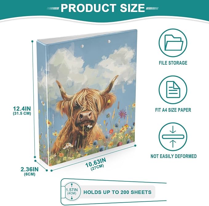 JIPONI 3 Ring Binder A Cute Highland Cow 1 Inch Round Binders for Men Women Students, Cute File Organizer for Office School, 1pc