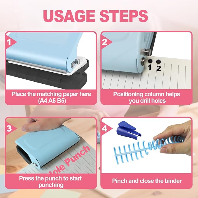 10 Hole Punch Binding Machine for Planner, Manual Binding System with 10 Multi-Color Binder Rings for Making 26 Holes on B5, 30 Holes on A4, 20 Holes on A5 Book, 10 Sheet Capacity (Blue)