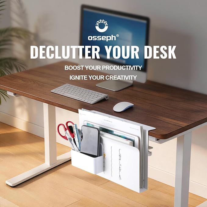 2 Tie Desk Side Storage, Under Desk Storage Organizer, White | osseph Desk Shelf, Standing Desk Accessories, Magnetic File Holder, No Drill Clamp to 0.5-2.38" Desks, 30 Lbs Carbon Steel