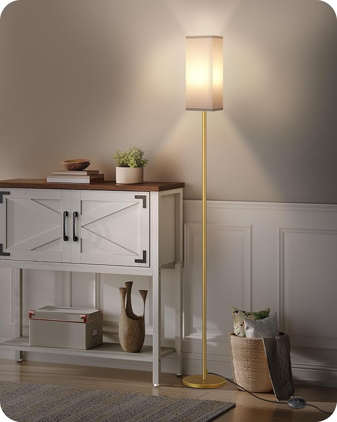 Floor Lamp, Pole with Foot Switch, Modern Standing Lamp Lampshade, Minimalist Freestanding Lamp (Bulb Not Included), for Living Room, Bedroom Office ETL Listed Gold and White DCW07LD05