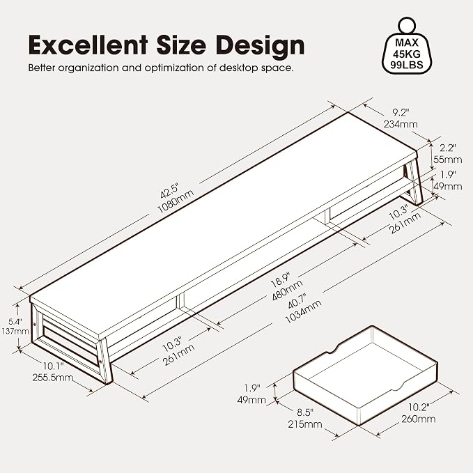 Fenge Dual Monitor Stand Riser, 42.5in Desk Shelf with 2 Drawers, Dark Oak | 2-Tier Monitor Shelf for Desk, Storage Drawer with Stopper, Frosted, fit Home Office, Ultrawide Screen, PC, Laptop, TV