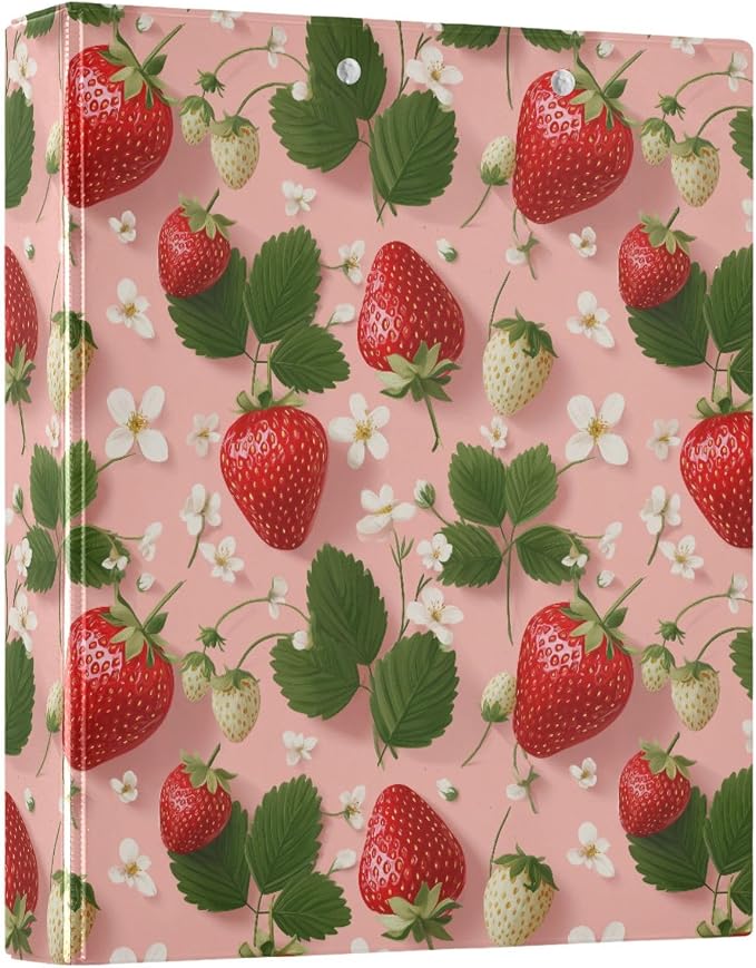 Flower Strawberry Printed 3-Ring Binder for School Office, 1.5 Inch Round Ring Binder for Home Recipe Budget Aesthetic Binder with Pocket Metal Non-Slip Clip Holds 200 Sheets of Paper
