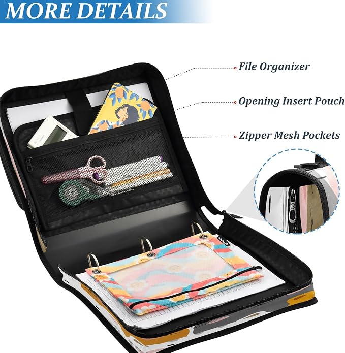 ALAZA Kawaii Cats Zipper Binder 3 Ring Cute Binder Organizer with Zipper and Shoulder Strap Large Capacity Multi-Pocket Trapper Keeper File Folder for Office Supplies