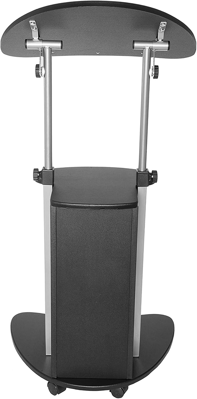 Techni Mobili Adjustable Height Rolling Laptop Cart with Storage, Black | Adjustable Height Rolling Laptop Cart with Tilting Top, Storage Shelf, Locking Wheels, Sit to Stand Desk, Mobile Podium,Black