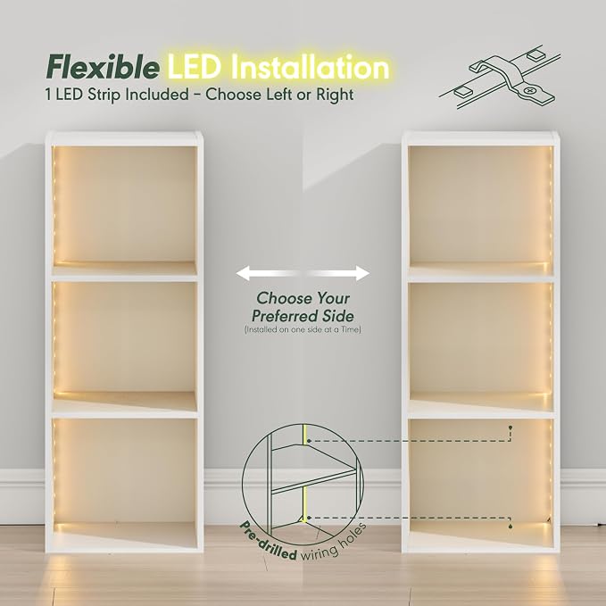 Furinno LUDER Book Shelf with LED Lights, 3-Cube Bookshelf, Bookcase, 9.3 x 12 x 31.5, for Home Office, Living Room, Study Room, White