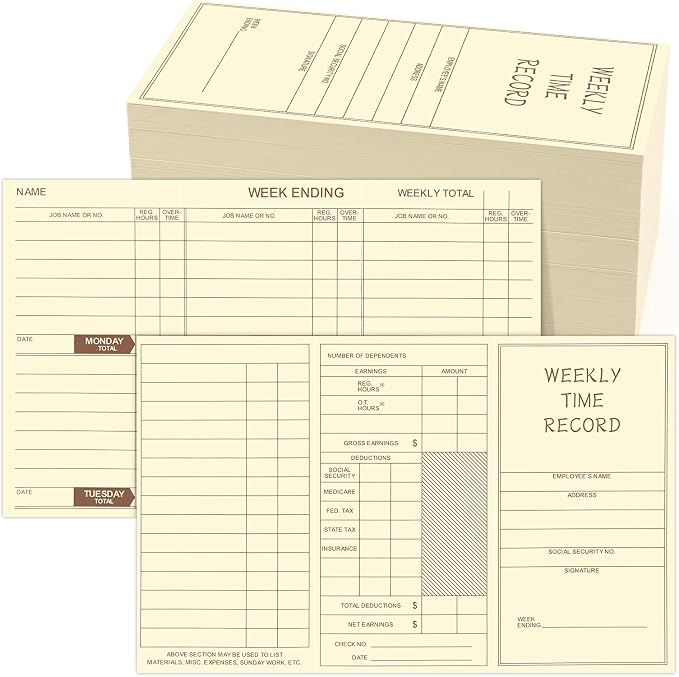 250 Count Weekly Employee Time Cards Preprinted Record Time Sheets Pocket Size 5 x 2.67 Inches Two Sided Yellow Print Timecards for Punch Clock Attendance Payroll Recorder Business