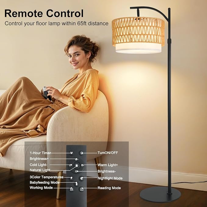 Rustic Black Farmhouse Floor Lamp with Woven Rattan Shade - 12W LED, Remote & Dimmable 3-Color Temp, Tall Standing Lamp for Living Room