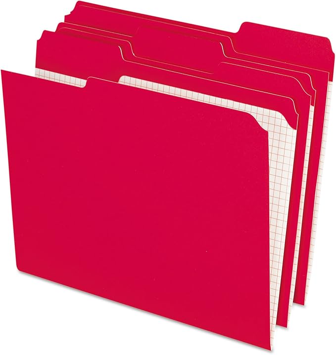 Pendaflex Colored File Folders, Letter Size, 1/3 Cut Tab, Red | Reverse any folder and the printed interior grid becomes a writing panel. Reinforced tabs, 100 per box, made in the USA.