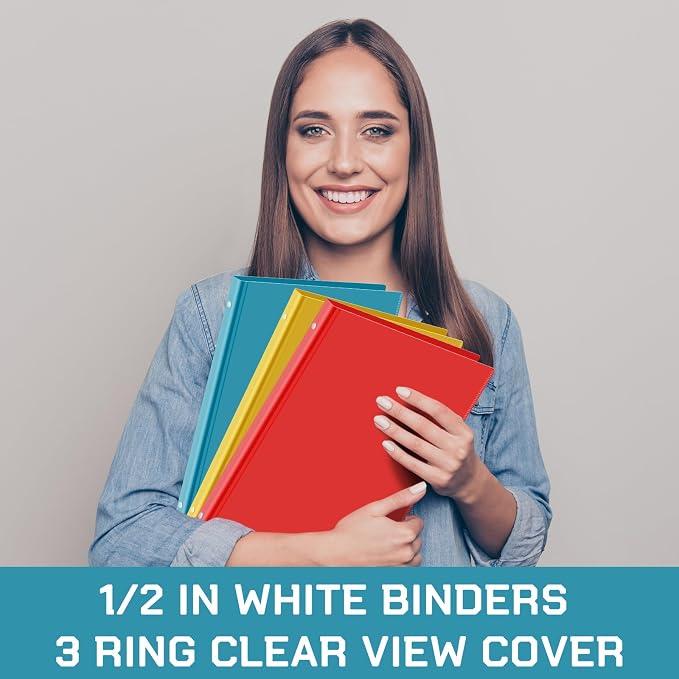 Fulmoon 6 Pack 0.5 Inch Plastic 3 Ring Binders with Pockets, Rainbow Colors | Flexible Covers with Round Rings and Front Pockets for Organizing Papers at School, Office, Meetings and Presentations