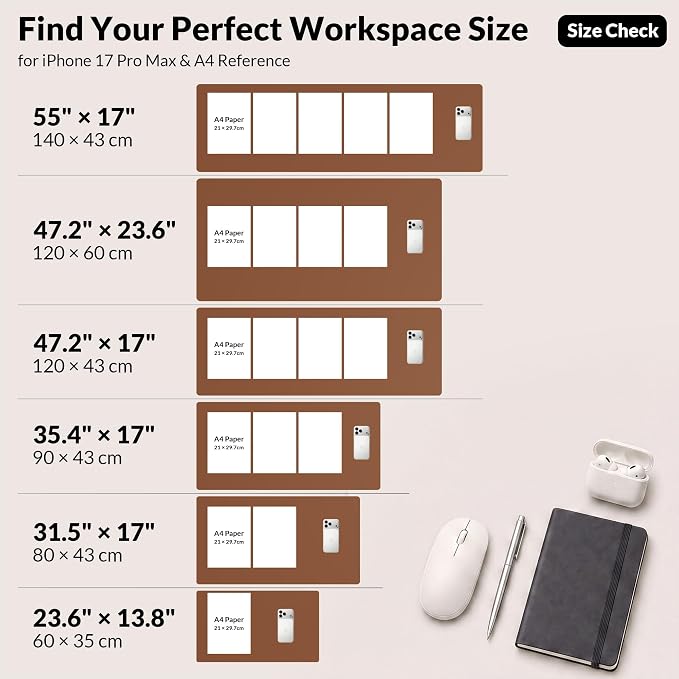 AFIING Leather Desk Mat 35.4" x 17", Brown | Dual-Sided Cork & PU Leather, Large Mouse Pad, Non-Slip & Waterproof