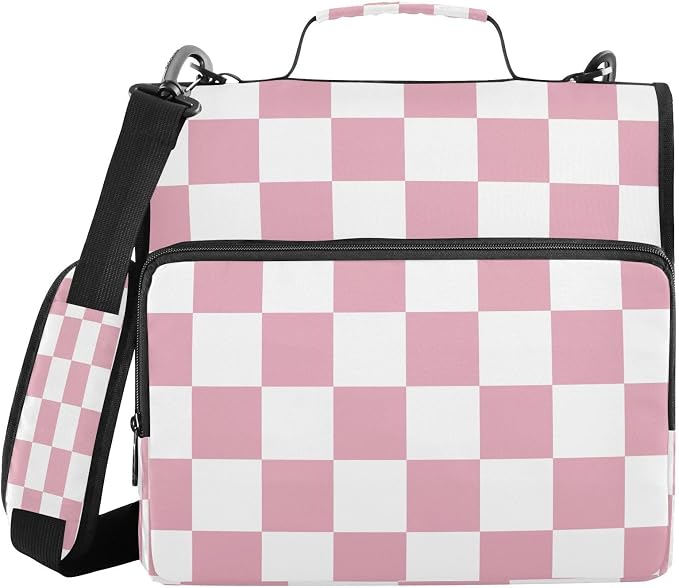 ALAZA Zipper Binder 3 Ring Pink White Checkered Binder Organizer with Zipper and Shoulder Strap Large Capacity Multi-Pocket Trapper Keeper File Folder for Office Supplies