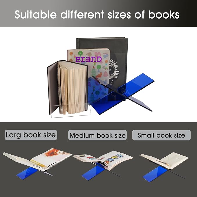 Large Clear Acrylic Book Stand - Perfect for Displaying Open Books on Your Coffee Table - Ideal for Bibles, Cook Books, Guest Books, Magazines, Each with a Lucite Paperweight (Blue)