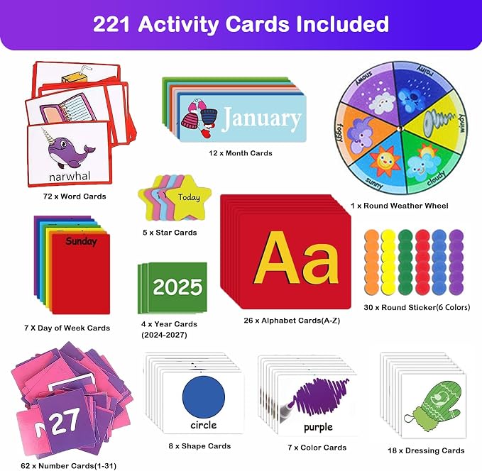 Circle Time Learning Center Classroom Pocket Chart, Educational Teaching Materials with Cards for Preschool, Learning Calendar Weather Letter Rhyme Color Shape Counting Number etc, Blue