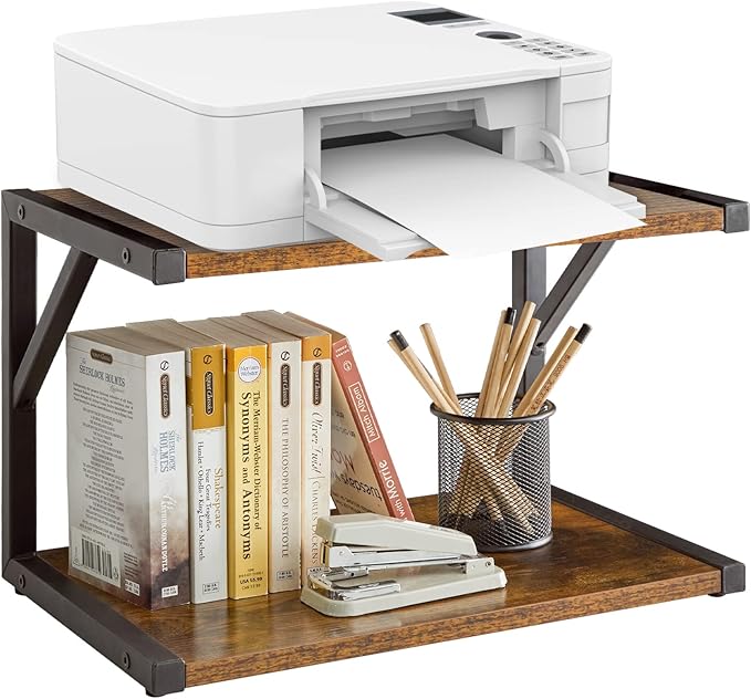 IBUYKE 2-Tier Desktop Printer Stand Holder, Multi-Purpose Desk Organizer Storage Shelf, Book Shelf Printer Shelf for Fax Machine, Scanner, Files, Books, Rustic Brown UTLJ004H