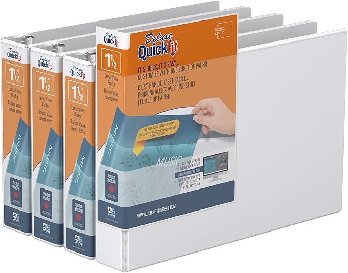 QuickFit Heavy-Duty Landscape 3-Ring Binder, Round Ring, 8 1/2 Inches by 11 Inches, 1.5 Inch, White, Pack of 4,97120-04 | Landscape binder, fits 8.5" x 11" paper, white, customizable cover, made in Canada, ideal for school or office use