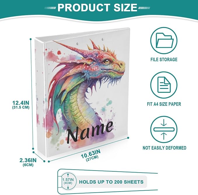 Custom 3 Ring Binder Watercolor Dragon 1.5" Round Ring Binders Personalized Name View Binder with 200 Sheet for Kids School Supplies Women Men Office, 1 Pack