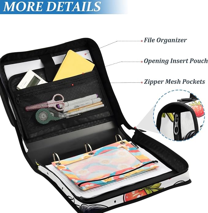 Custom 3 Ring Zipper Binder Panda Red Strawberry Personalized Name 1.5 inch Binders Large Capacity Multi Pockets for School Office Supplies