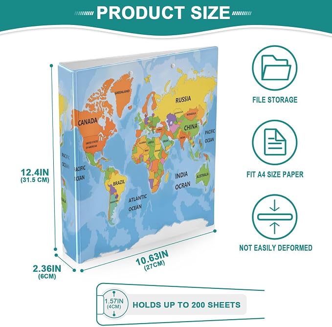 ALAZA 3 Ring Binder World Map Clipboard Round Ring Binder Holds 1.5 Inch Three Rings Binder Heavy Duty Binders for School Office Supplies, 1Pack