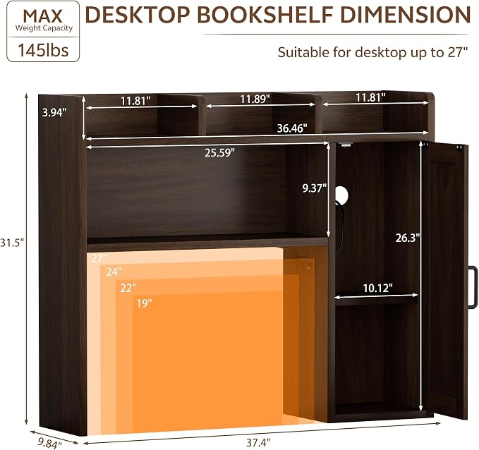 Desktop Bookshelf, Desk Hutch with RGB LED Lights & Power Outlets | 37" Desk Hutch Organizer with Storage Cabinet Desktop Storage Shelf for 27" Monitor, Tabletop Bookcase for Dorm Office Home