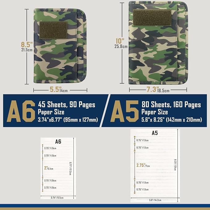 WYNEX Tactical Notebook Padfolio 6 Ring Binder, 3.7x6.7 in Refill Paper | S-5.5x8.5" Zip Hardcover Notebook, 45 Sheets Line Paper, 1"O-ring Water-Resistant Planner, for Office College Field Gift