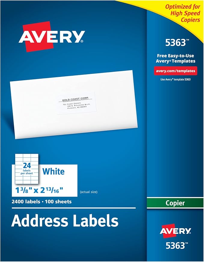 Avery® Printable Address Labels for Copiers, 1-3/8" x 2-13/16", White, 2,400 Blank Mailing Labels (05363)