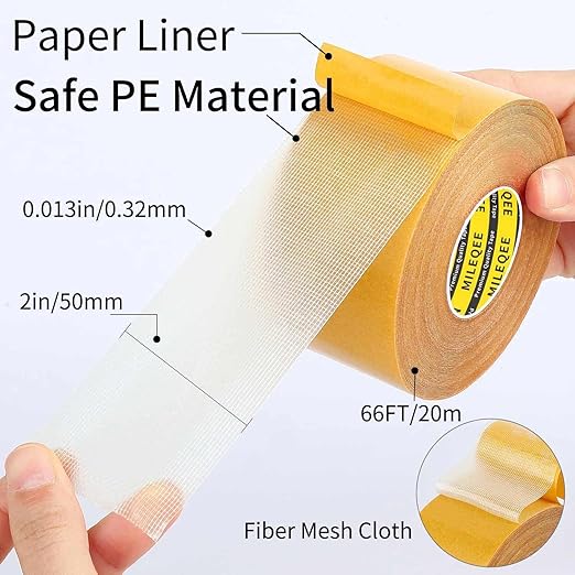 MILEQEE 2Pack Double Sided Tape Heavy Duty, 2in x 66FT (132FT Total), Super Sticky Resistente Clear Tape, Universal High Tack Strong Wall Adhesive with Fiberglass Mesh,Easy Use Mounting Tape