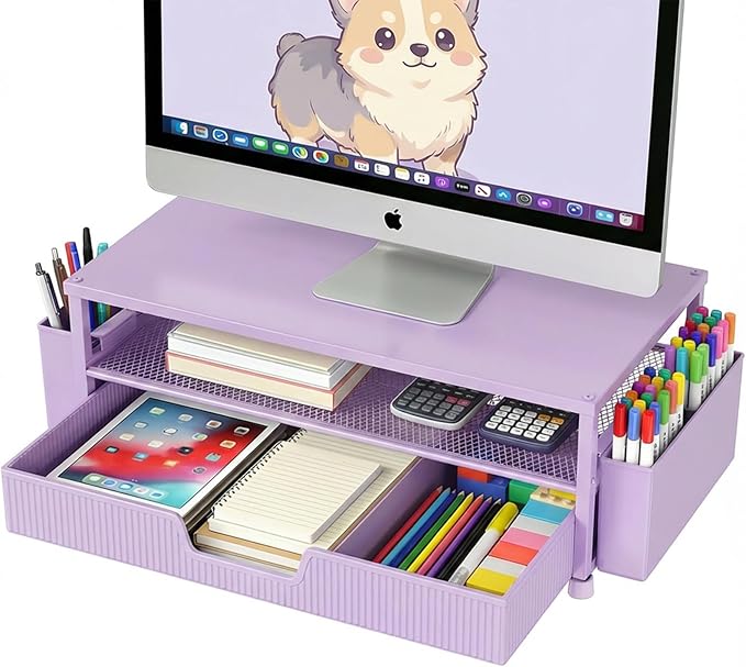 ECOLOVI Desk Organizer and Accessories, 2-Tier Computer Monitor Stand Rise with Storage Drawer & 2 Pen Holders, Laptop & Printer Stand for Desktop, Workspace Organizers for Office Supplies (Purple)