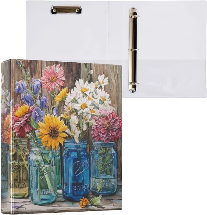 Wildflower Glass Jar 3 Ring Binders 1.5 Inch Clear View Three Ring Binders Versatile Binder for Work School Office Supply 1 Pack