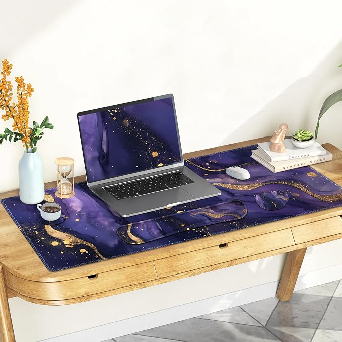Large Gaming Mouse Pad Set, 4 in1 Ergonomics Keyboard Desk Mat with Memory Foam Wrist Rest, Extended Game Mousepad, Non-Slip Desk Pad Matt Easy Typing Pain Relief I Purple Golden Marble