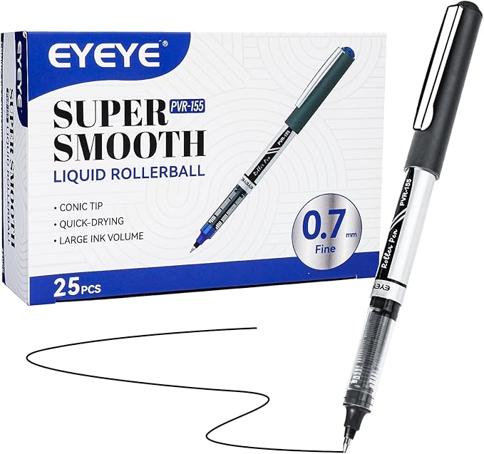 EYEYE Black Rollerball Pens Pack of 25, 0.7mm Fine Point, Quick Dry | Back to School Essentials, Liquid Ink Roller Ball Pen Fine Point Smooth Writing Pens for Journaling, Office Supplies
