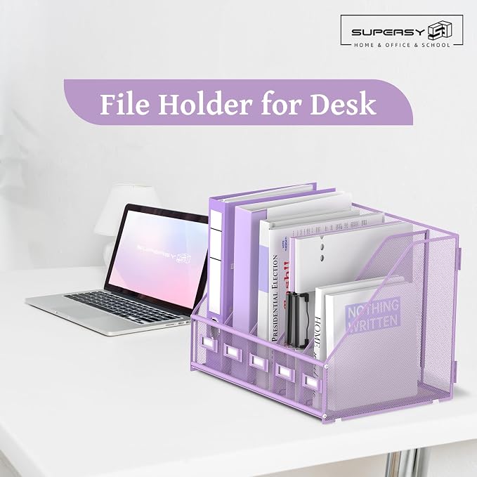 Desk Organizers Metal Desk Magazine File Holder with 5 Vertical Compartments Rack File Organizer for Office Desktop, Classroom, Home Workspace, Purple Plus