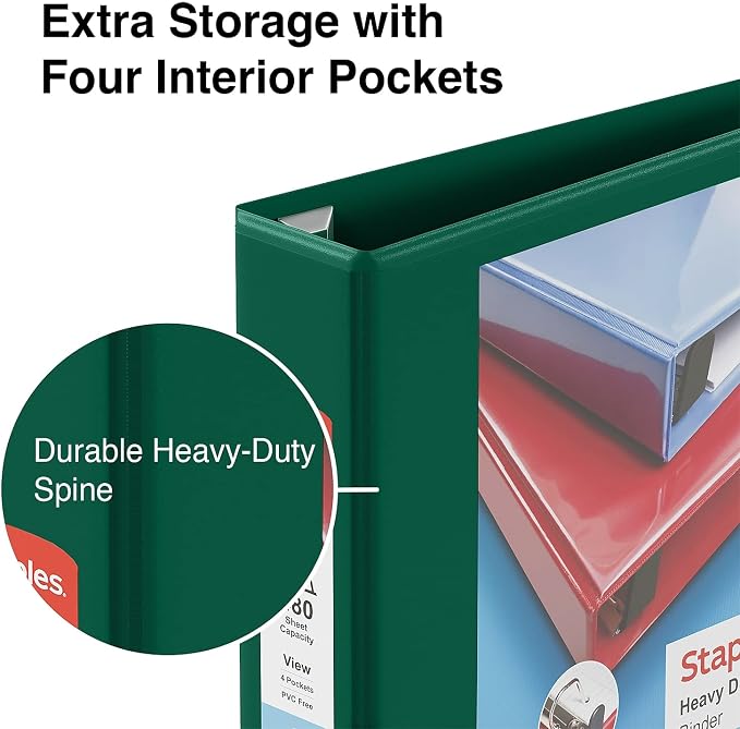 Staples Heavy-Duty 2-Inch D-Ring View Binder, Reinforced Spine, Holds Up to 450 Sheets, Green, for Office & School