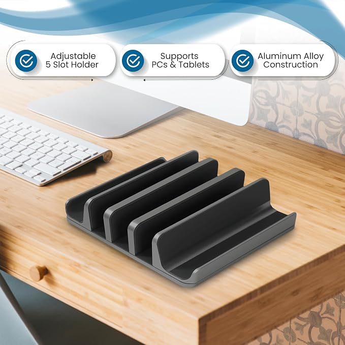 5- Slot Vertical Laptop Stand - Aluminum Laptop Stand Vertical for Desk - Fits MacBook Pro/Air, Surface, Mobiles & Gaming Laptops up to 17.3" - Heavy Duty Laptop Holder for Desk - (Black)