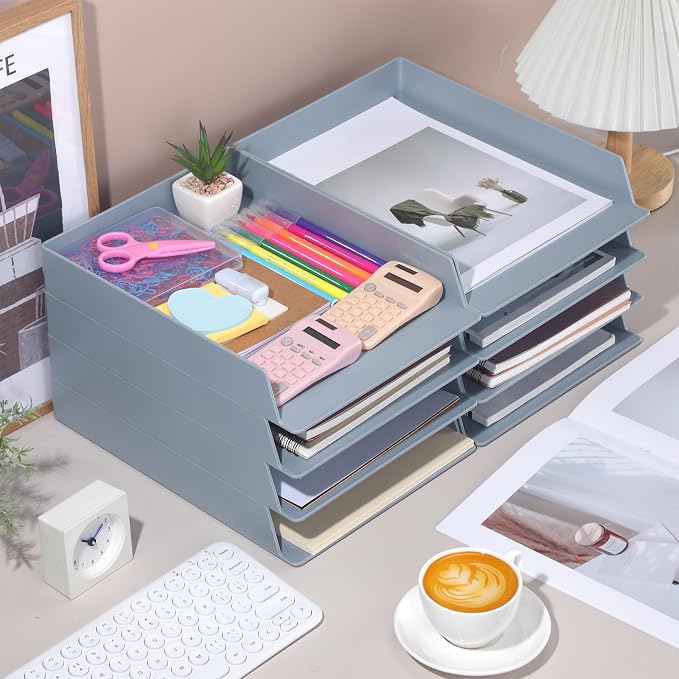 8 Pcs Stackable Paper Trays Rectangular Plastic Desk Holder Desktop Document File Organizer Storage Letter for Office Classroom (Gray)