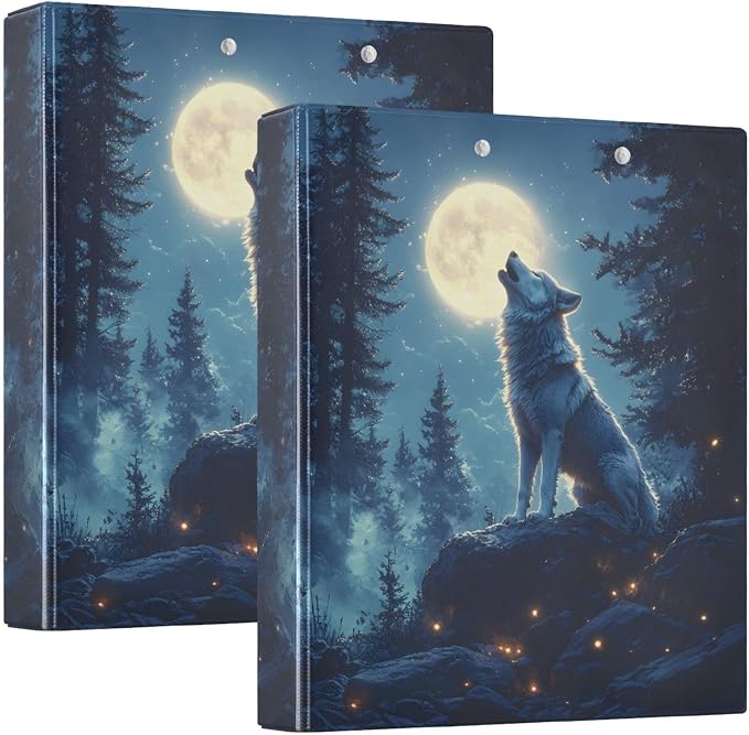 3 Ring Binder Wolf Moon Galaxy Winter Forest a 1.5 inch Binders Three Ring Binders with Clipboard Fit 8.5'' x 11'' Paper 3 Interior PVC Clear Pockets for Office Supplies