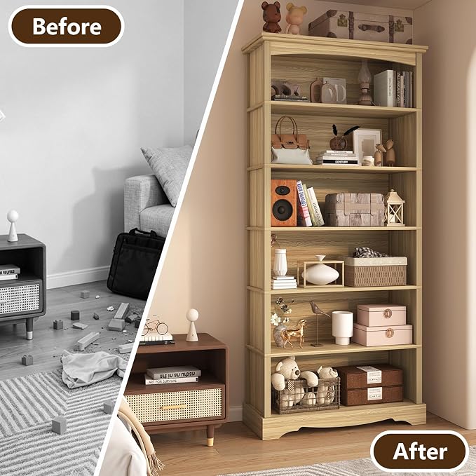 TVU 6-Tier Wooden Bookshelf, 76 Inch Tall Bookshelf with Storage, Floor Standing Modern Style Display Bookcase for Living Room, Office, Study Room, Entryway, Natural Wood Color