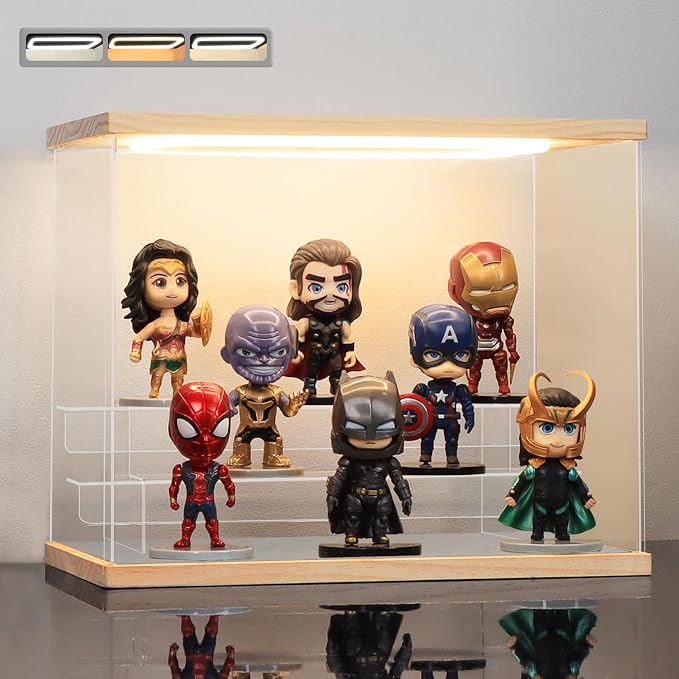 Clear Acrylic Display Case with Light 3 Tier Display Storage Box Assembly Dustproof Showcase for Collectibles Action Figures(Wood, 12.0*6.9*9.4inch)