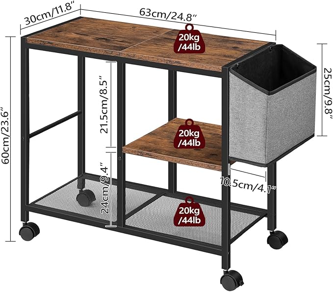 MAHANCRIS Printer Stand with Storage Bag, 3-Tier Mobile Under Desk Printer Cart with Wheels, Wood Rolling Printer Table, Organizer Shelf for Study, Office, Living Room, Rustic Brown PTHR2201