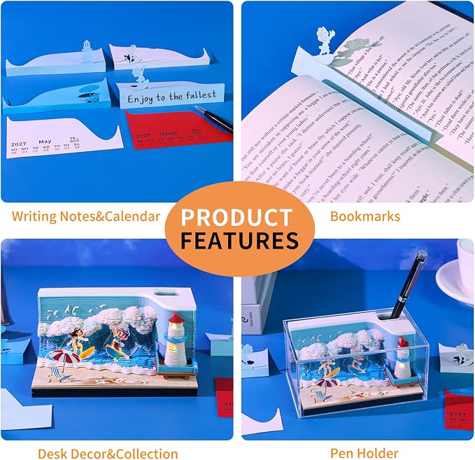 3D Time Piece Calendar, 2027 Desk Calendar With LED Light, 3d Tree Memo Pad Creative Desk Calendar, Christmas Gift for Colleague Friend, Desktop Decoration (Surf)