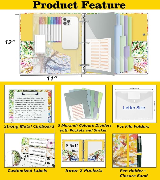 2 Inch 3 Ring Binder Organizer, Three Ring Binder with Clipboard, 5-Tabs Pockets Dividers, Transparent Folder,18 Divider Stikers, BVSSX Decorative Binders for Letter Size 8.5"x11" Paper (Seasons Tree)