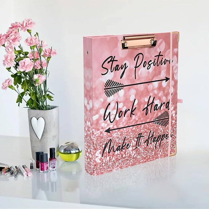 EYROZILL 3 Ring Binder 1 Inch for Letter-Size Paper with 5-Tab Dividers, Cute Pink 8.5" x 11" Three Ring Binders with Clipboard for Women School Office Supplies, Stay Positive