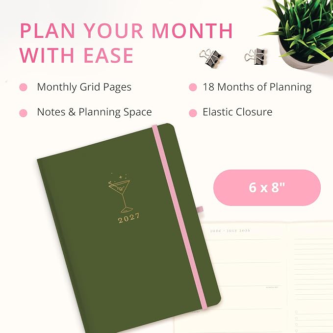 Graphique Martitni 18 Month Planner | July 2026 – Dec. 2027 | Hardbound Planner with Monthly Tabs | Holidays & Reminder Stickers 6 x 8