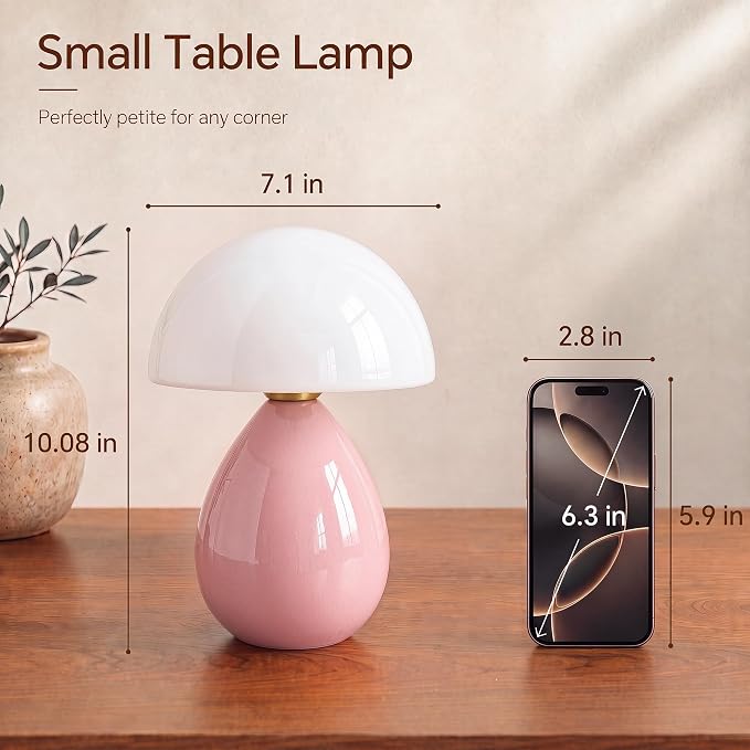 Mushroom Lamp Table Lamp for Bedroom-Small Desk Table Lamps,Pink | Ice Crackle 8.7" Mid Century Modern Table Lamps for Living Room Bedroom Decor,Ceramic Lamps for Home Room Decor,Glass Shade