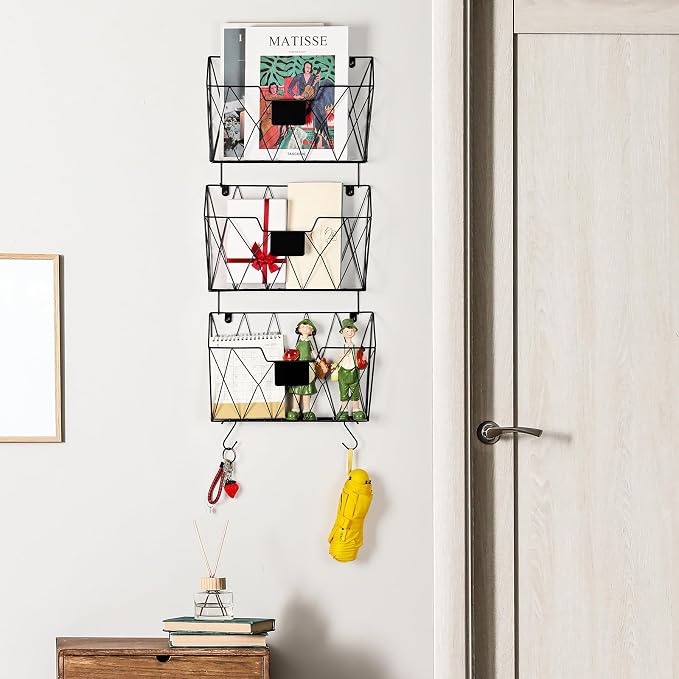 6 Pack Wall File Organizer, Wall File Pocket Mail Organizer for Office/Home | Hanging Metal Vertical Wall Mounted File Holder, Mail Paper Document Folder, Label Slots & Hooks, Rust-proof & Space-Saving