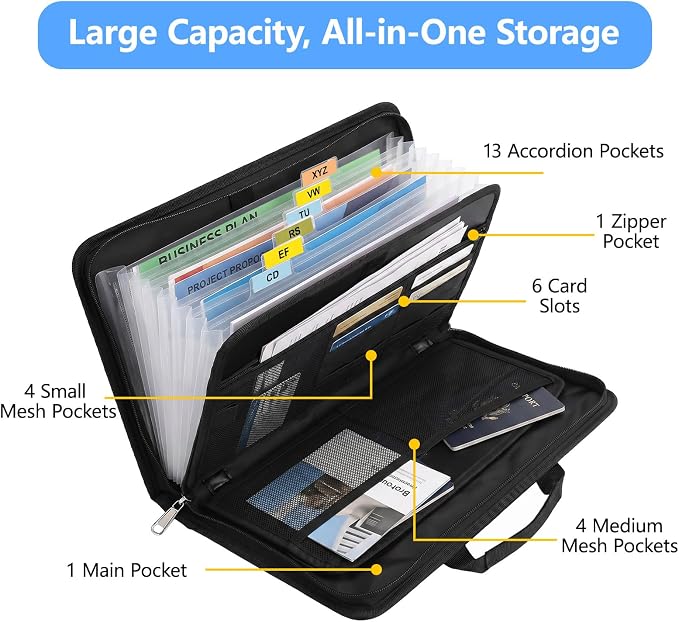 Fireproof Accordion File Organizer Bag A4 13 Pockets Black | Expandable Document Folder, With Handle, Portable, Fire Resistant