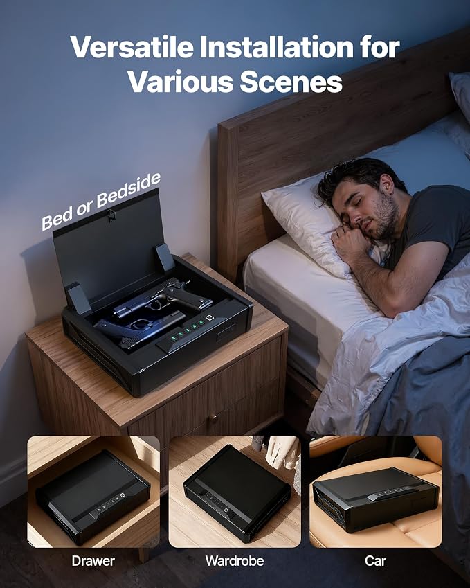 VEVOR Gun Safe, Heavy Duty Handgun Safe with Fingerprint/Password/Key, 3-Way Quick Access Firearm Case Box with Lighting for 2 Pistols & 2 Magazines, Pistol Gun Box for Nightstand Bedside Desk Car