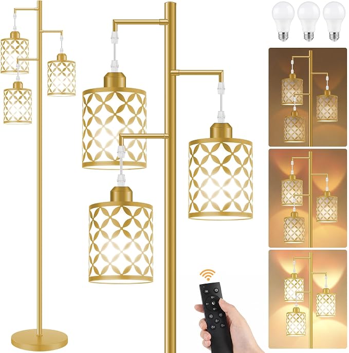 Dimmable Floor Lamp, Farmhouse Standing Lamp with Elegant Metal Cage, Industrial Tall Tree Floor Lamps for Living Room Bedroom Study Office with Remote & 3 x 1100LM 12W LED Bulbs, 72", Gold