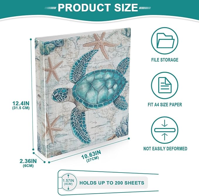 Vintage Sea Turtle Binder 1.5 Inch Binder with Clipboard&Pockets, Nautical Starfish and Turtle Hardcover Binders 3 Ring Heavy Duty Large File Folder for Office School Supplies-Holds 200 Sheets