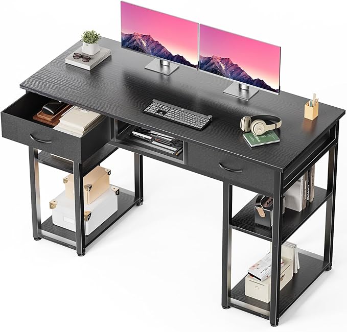 DUMOS 48-Inch Computer Desk with Drawers and Hook, Black | Home Office Desk for Bedroom, Gaming Writing Study Desk with Adjustable Feet