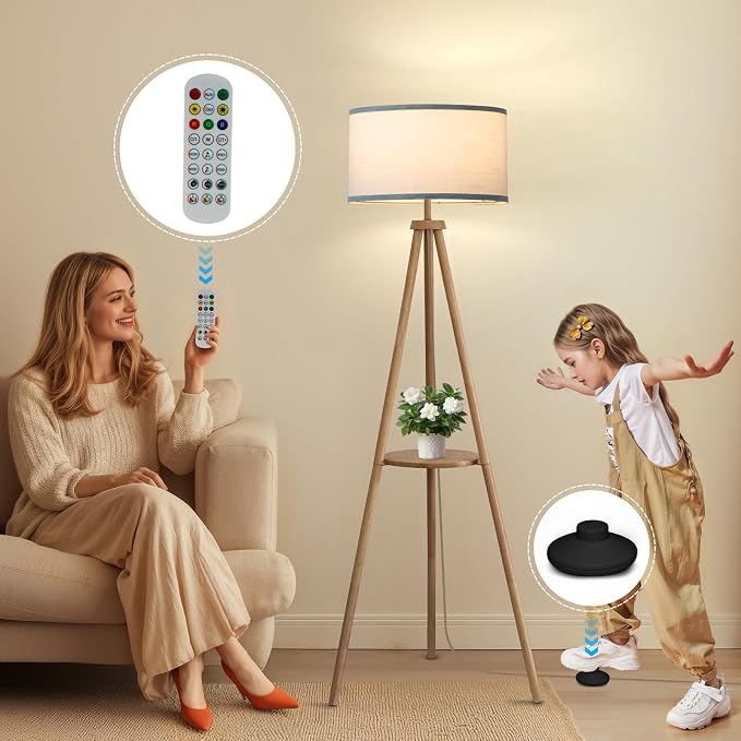 EOEYYOYB Floor Lamp with 3 Light Modes Adjustable– Wood Tripod Floor Lamp Modern LED Standing Lamp with Dimmable Brightness, Perfect for Living Room, Bedroom, and Office, Burlywood